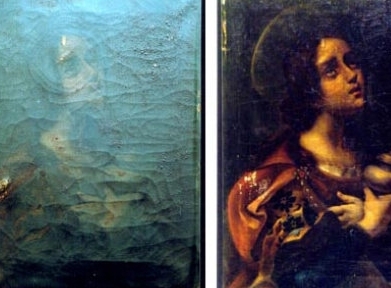 No lado esquerdo, quadro da Igreja de So Estanislau antes da restaurao. No lado direito, o mesmo quadro aps ser rest