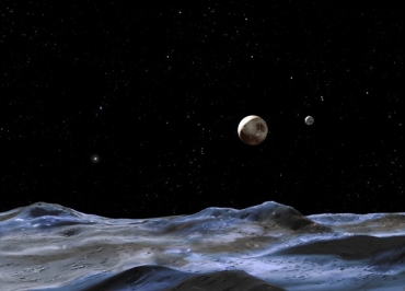 Concepo artstica mostra Pluto (disco maior) e suas possveis luas