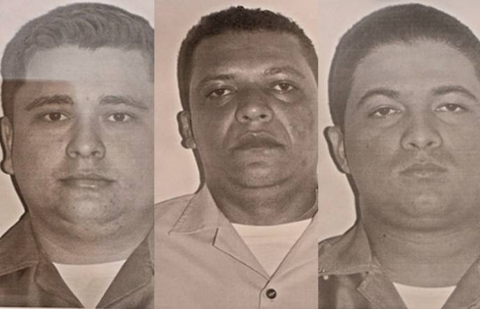 Os soldados Duarte, Ferreira e Franklin (encontrado morto), que tentaram assaltar distribuidora
