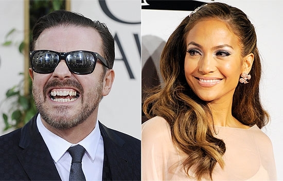 O apresentador do Globo de Ouro, Ricky Gervais ( esq), que teria sido ameaado de morte por Jennifer Lopez ( dir.)