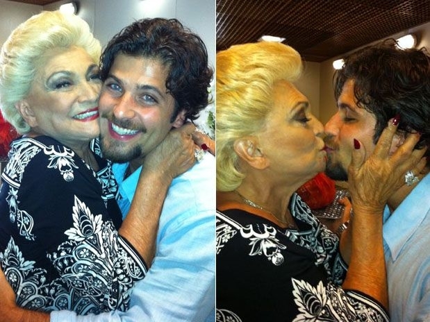 Bruno Gagliasso ganha selinho de Hebe Camargo em gravao na Globo