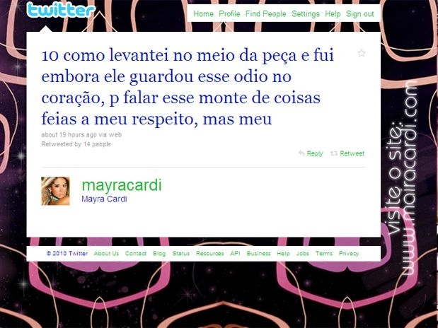 A ex-BBB diz que o reprter a odeia porque ela se levantou no meio de sua pea e foi embora por no achar engraada