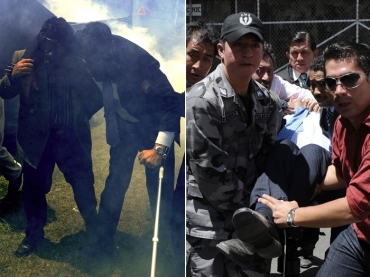 Rafael Correa tenta se equilibrar em muletas em meio a nuvem de gs lacrimogneo (esq)