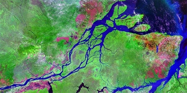 Imagem da Nasa mostra foz do Rio Amazonas com Ilha de Maraj, que foi base do estudo sobre manejo,  direita.