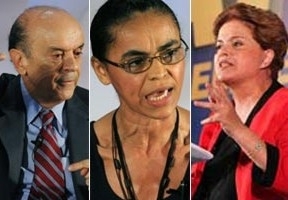 Os candidatos � Presid�ncia Jos� Serra (PSDB), Marina Silva (PV) e Dilma Rousseff (PT)