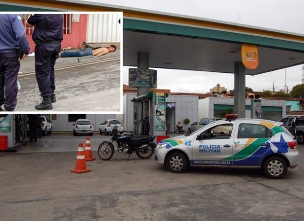 Posto Amaznia, onde o crime aconteceu; no detalhe, assaltante morto