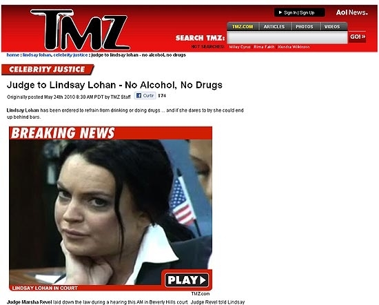 Lindsay Lohan durante audincia no tribunal em Los Angeles, em foto publicada pelo site TMZ