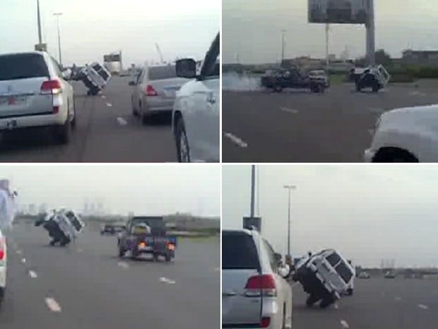 4x4 trafega sob duas rodas em estrada movimentada em Dubai
