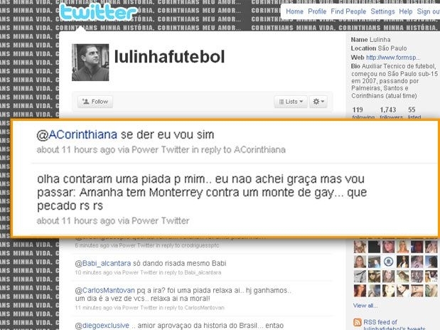 Perfil no Twitter do filho de Lula, que passou as últimas horas se desculpando com são-paulinos