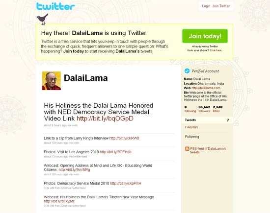 Lder espiritual tibetano dalai-lama abriu conta oficial no servio de microblogs Twitter na segunda-feira
