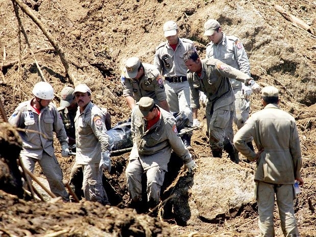 Equipes de resgate carregam o corpo de uma vtima na Ilha Grande