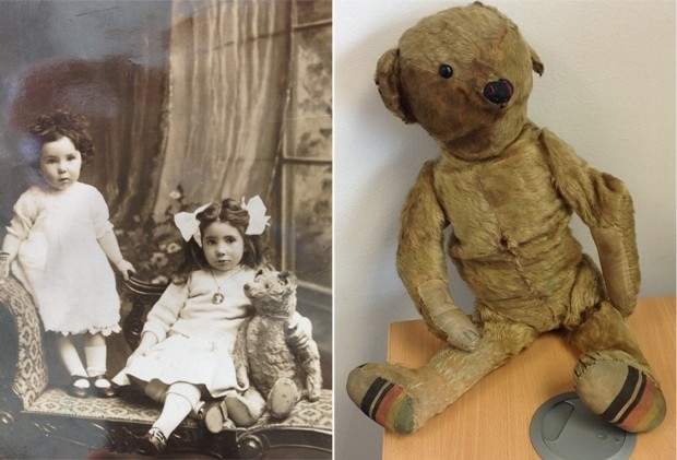 O ursinho misterioso ao lado da foto em que ele prprio aparece, em 1918