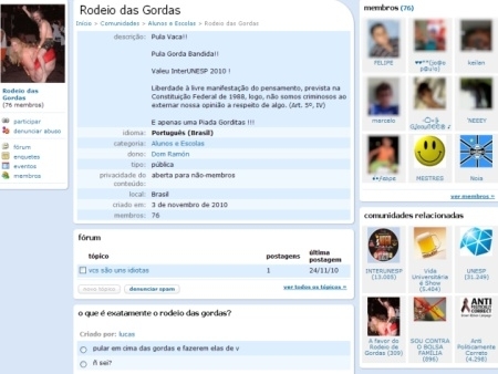 Pgina que ofendia alunas acima do peso foi criada no Orkut em 2010