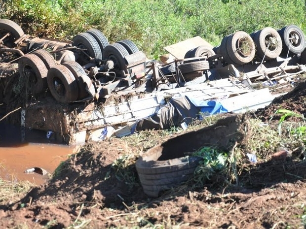 Caminho tombou s margens da rodovia