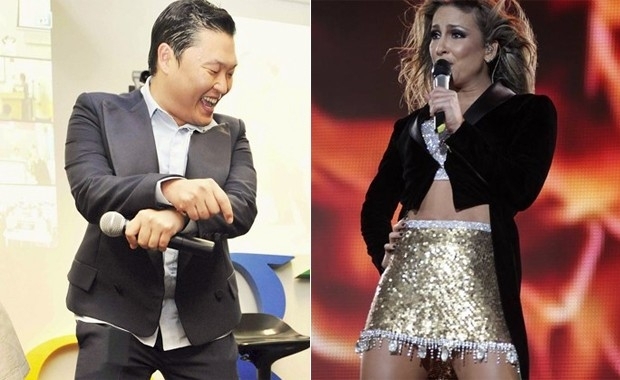 Psy, em foto de na sede do Google, e Claudia Leitte em show em 2012