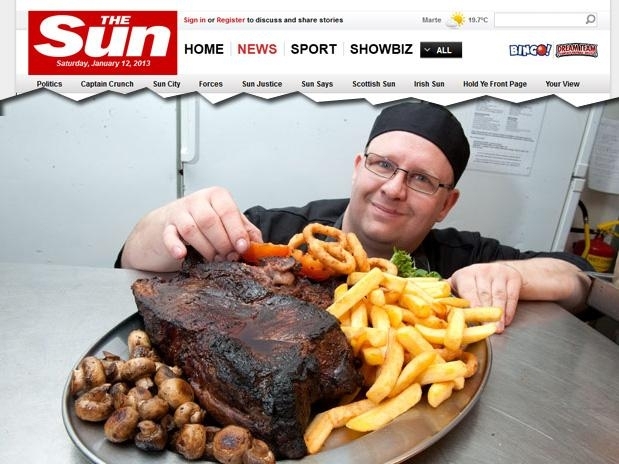 O pub The Duck Inn serve um prato com um bife de 4 kg, 30 cm de largura, 30 cm de comprimento e 10 cm de espessura