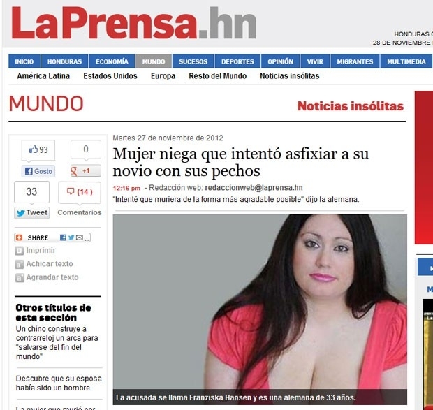 Franziska Hansen negou que tenha tentado sufocar o ex com os seios.