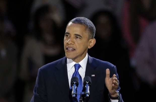 O presidente reeleito dos EUA, Barack Obama, discursa nesta quarta-feira (7) em Chicago