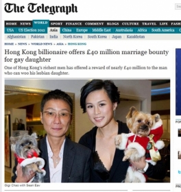 Bilionrio de Hong Kong est oferecendo cerca de US$ 65 milhes para o homem que se casar com sua filha lsbica. 