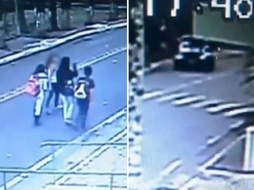 C�mera flagra adolescente com amigas (esq.) antes de ser abordada por caseiro e carro de suspeito de estupro (dir.) seguindo garota em Mairipor�, na Grande SP 