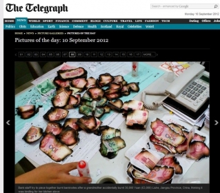 Vov� chinesa queimou acidentalmente 30 mil iuans (R$ 9,6 mil) ap�s confundir o dinheiro com gravetos. 