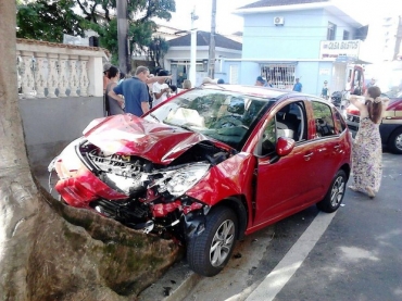 Aps acertar uma rvore, parte da frente de veculo ficou destrudo