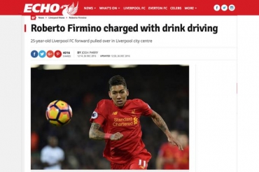 No jornal ingl�s, destaque para a ocorr�ncia com o atacante do Liverpool (liverpoolecho.co.uk/Reprodu��o)