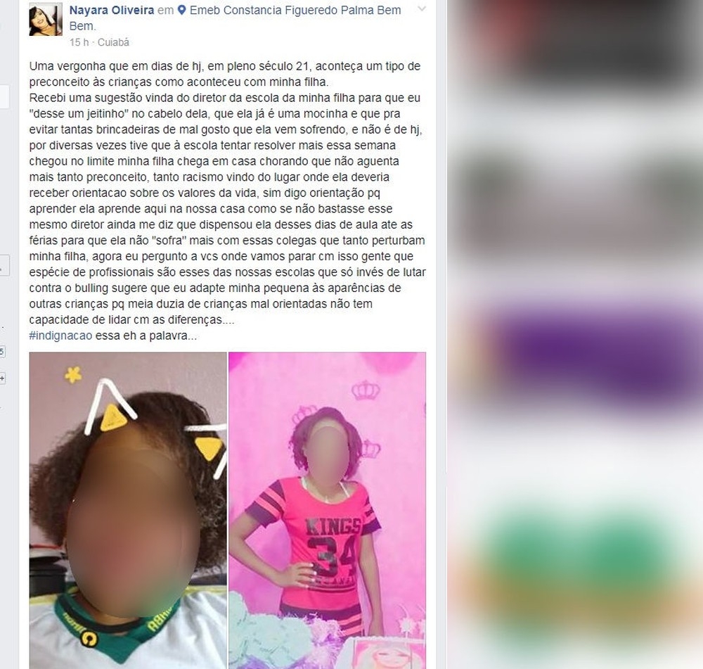 Nayara Oliveira, me da aluna, fez uma publicao em uma rede social relatando o fato