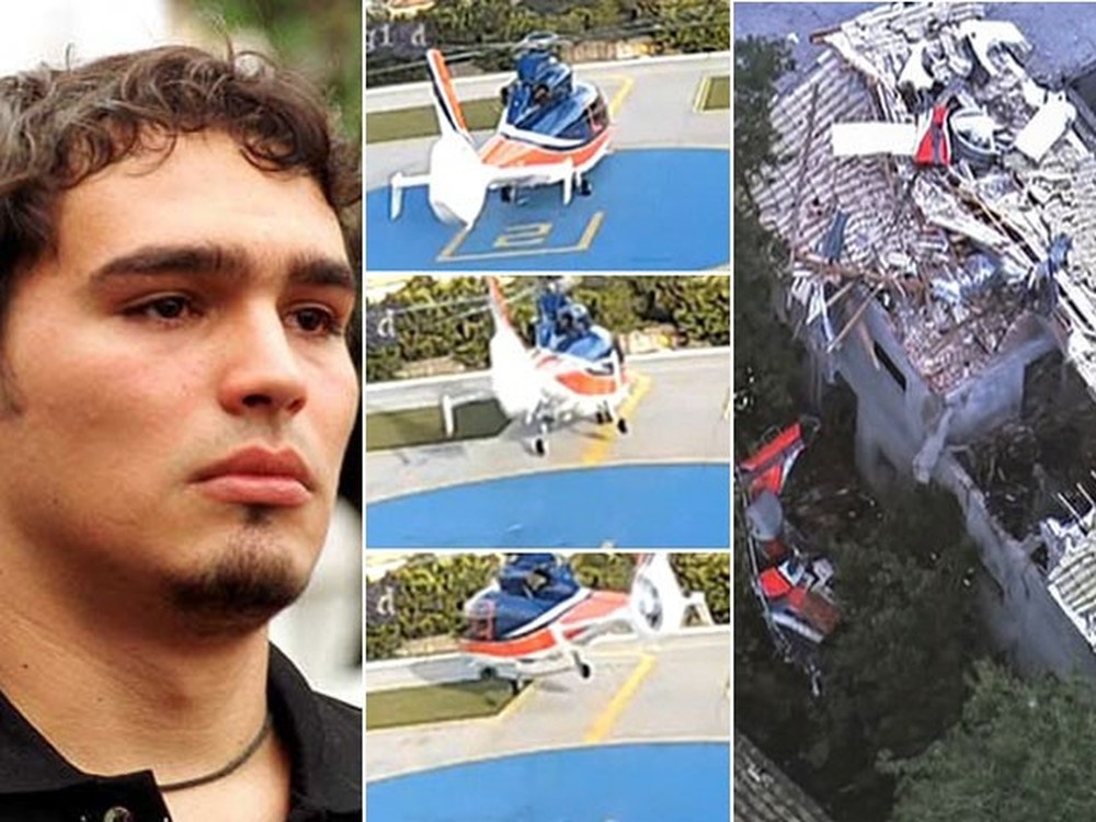 Thomas Alckmin, filho do governador Geraldo; imagem do helicptero antes de decolar; e foto dos destroos da aeronave em Carapicuba