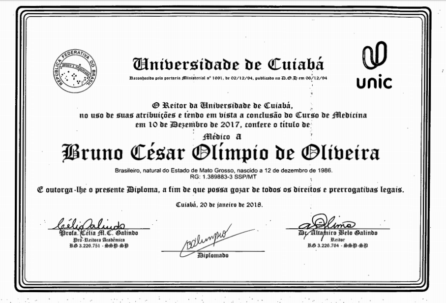 Diploma supostamente falso apresentado ao CRM de Mato Grosso.