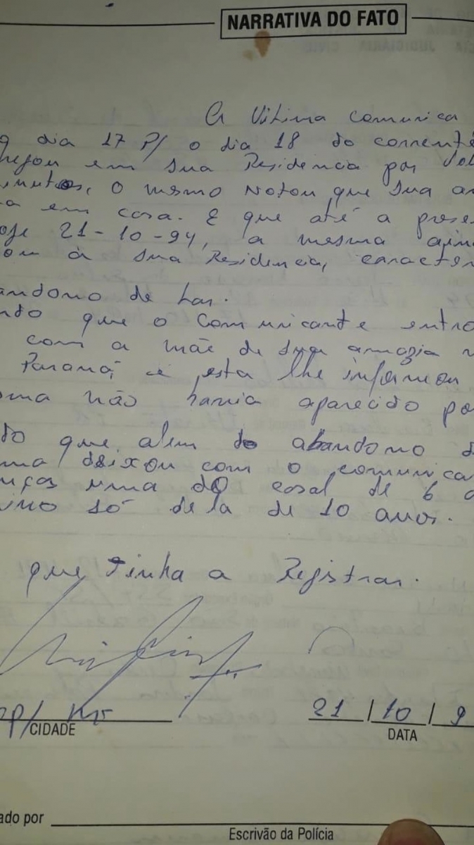 Boletim de ocorrncia sobre o desaparecimento da mulher, registrado na poca do crime  Foto: Polcia Civil - MT