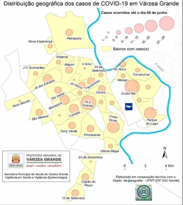 Mapa mostra distribui��o dos casos de Covid-19 em V�rzea Grande � Foto: Prefeitura de V�rzea Grande/UFMT
