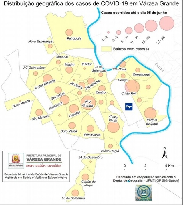 Mapa mostra distribuio dos casos de Covid-19 em Vrzea Grande  Foto: Prefeitura de Vrzea Grande/UFMT