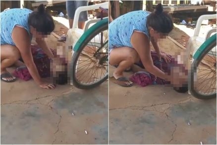 Momento em que mulher fica ao lado da vtima, como se quisesse acord-lo