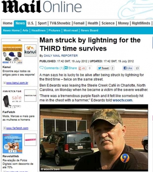 O americano Ben Edwards, que disse ter sido atingido por trs raios, em reportagem do Daily Mail