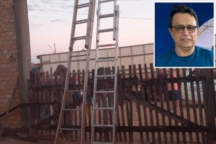 Roberto (detalhe) estava no topo da escada quando o acidente aconteceu