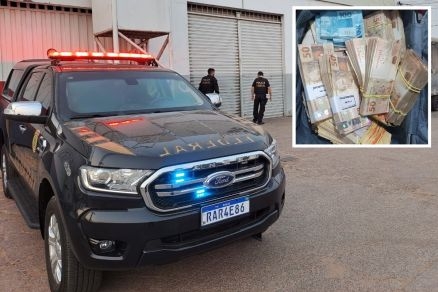 Policiais em estabelecimento alvo da operao e dinheiro apreendido em operao (detalhe)