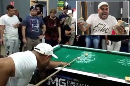 Maciel Bruno se preparando para tacada final; em detalhe ele com o dinheiro da vitria