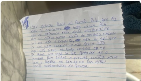 Carta foi enviada ao dono junto com objetos furtados  Foto: Divulgao