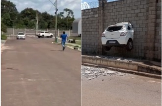 Motorista tentou correr atrs do carro, mas s alcanou veculo quando ficou preso na parede
