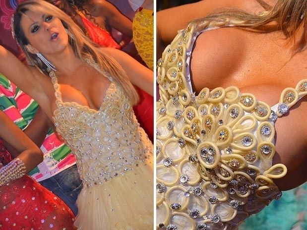 Tnia Oliveira usou o vestido feito de camisinhas em homenagem ao enredo da escola