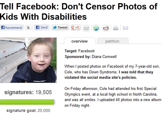 Me afirma que Facebook bloqueou foto de filho portador de Sndrome de Down; ela criou uma petio on-line