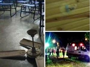 Alunas fazem imagens da ventilador cado, do teto e da movimentao no campus na Cidade de Gois