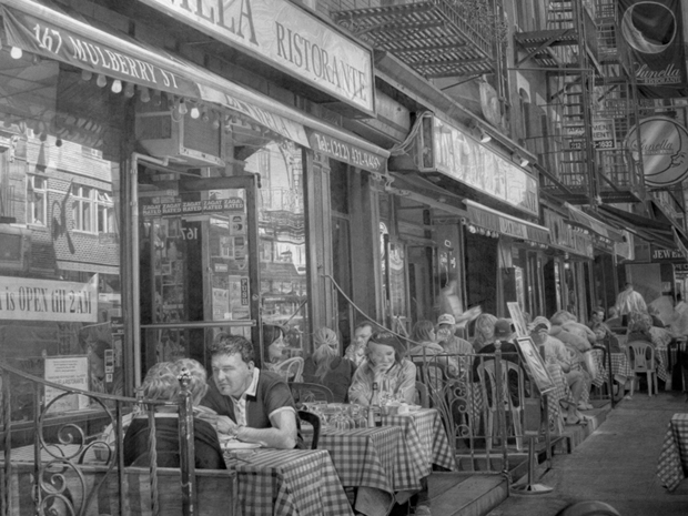 Calada com restaurantes em Nova York  retratada em desenho feito pelo artista Paul Cadden.