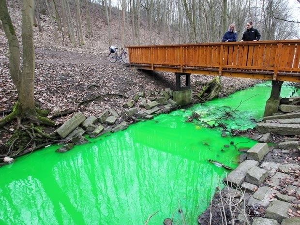 O ribeiro Grone, perto de Gttingen, na Alemanha, foi pintado de verde por um vazamento qumico.