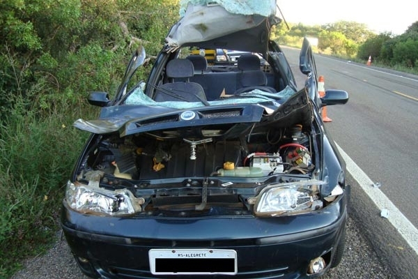 Carro ficou destrudo aps choque com cavalo na BR-290