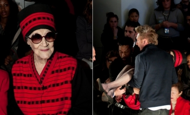 Zelda Kaplan sofre ataque card�aco durante desfile e � socorrida por dois homens.