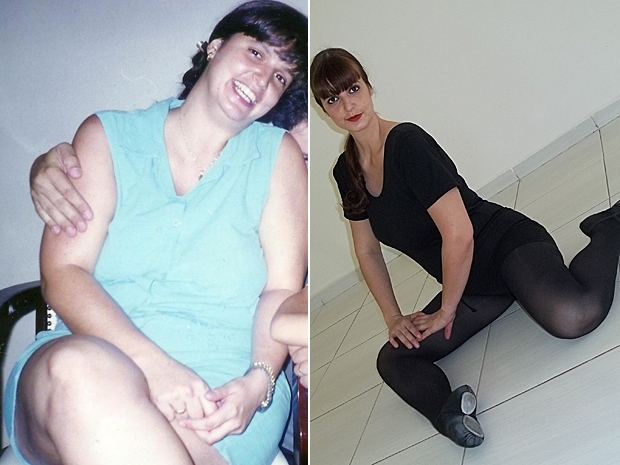Carla em foto de 2007,  esq., e em outubro do ano passado, com a roupa e a sapatilha que usa para danar jazz.