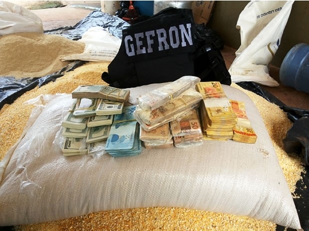 Dlares e reais apreendidos estavam escondidos em sacos de farelo de milho (Foto: Gefron/MT)