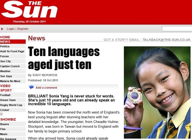 Sonia Yang fala dez idiomas, incluindo portugus.